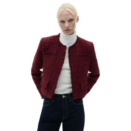 Blouson bordeaux en tweed à coupe droite, col rond et manches effilochées - Image 4