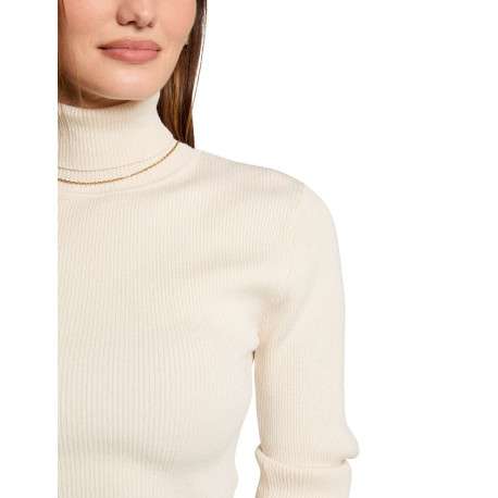 Pull écru uni à coupe ajustée, col montant et à manches longues côtelé - Image 3