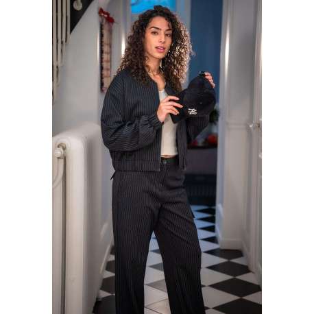 Blouson Bomber noir à coupe droite avec rayures blanches et 2 poches raglan - Image 5