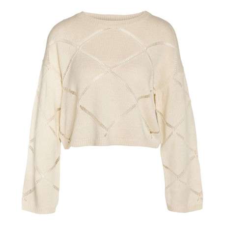 Pull écru uni avec motifs losanges ajourés et à manches longues