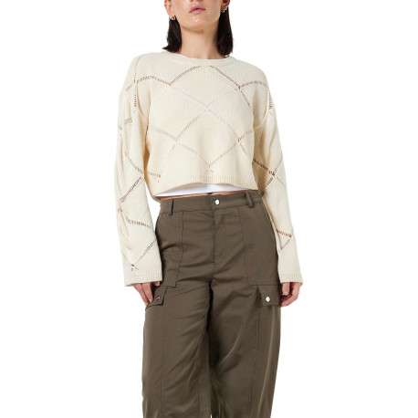 Pull écru uni avec motifs losanges ajourés et à manches longues - Image 2