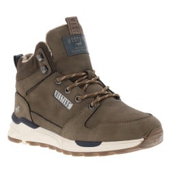 Bottines taupe plates, à zip et lacets ronds marque intégrée dans le quartier