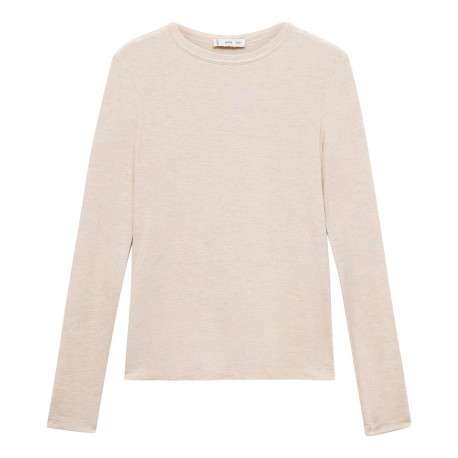 T-shirt beige uni à coupe droite avec un col rond et à manches longues
