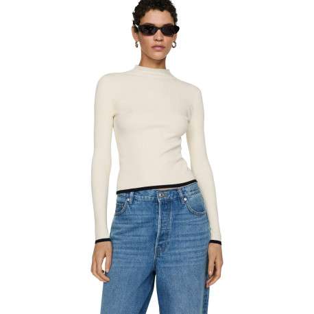 Pull écru en maille côtelée à coupe ajustée avec col rond et manches longues - Image 2