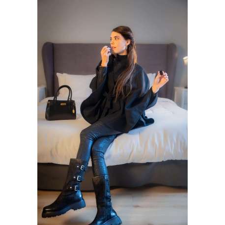 Bottes en cuir noires à semelle à talon compensé bas et boucles décoratives - Image 2