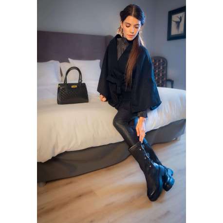 Bottes en cuir noires à semelle à talon compensé bas et boucles décoratives - Image 3