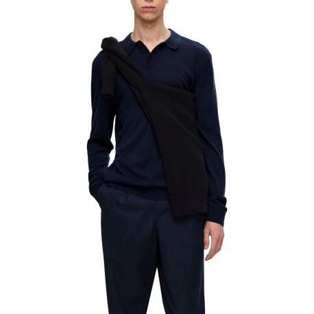 Pull en laine merinos marine uni avec une coupe droite et un col polo - Image 4