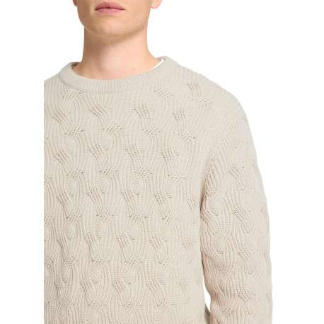 Pull en coton biologique mélangé écru en maille torsadée coupe droite col rond - Image 3