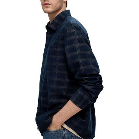 Chemise en coton mélangé marine à carreaux à coupe droite et col français - Image 3