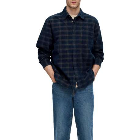 Chemise en coton mélangé marine à carreaux à coupe droite et col français - Image 4