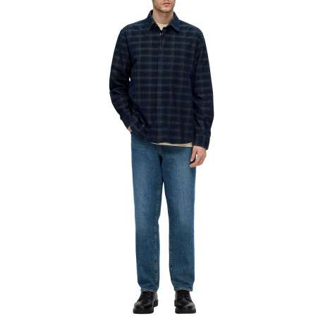 Chemise en coton mélangé marine à carreaux à coupe droite et col français - Image 5