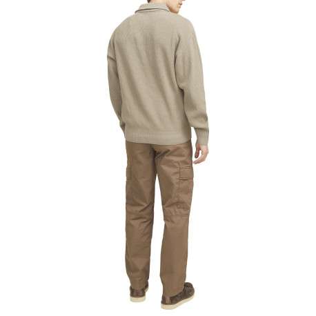 Pull en coton beige côtelé à coupe droite et col montant et zippé resserré - Image 2