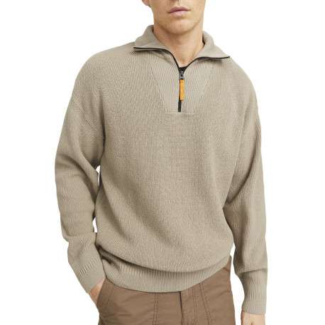 Pull en coton beige côtelé à coupe droite et col montant et zippé resserré - Image 4