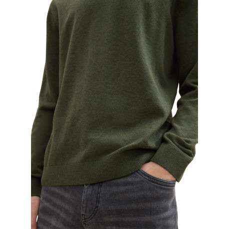 Pull en coton kaki uni avec une coupe droite un col rond et logo brodé - Image 3
