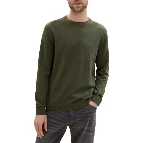 Pull en coton kaki uni avec une coupe droite un col rond et logo brodé - Image 4
