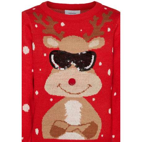 Pull rouge imprimé d'un renne de noël à l'avant avec une coupe droite - Image 3