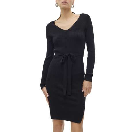 Robe longue noire côtelée avec une coupe près du corps et un col v arrondi - Image 4
