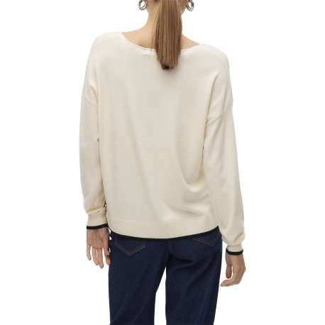 Pull écru uni à coupe droite et à col v arrondi avec des détails noirs - Image 2