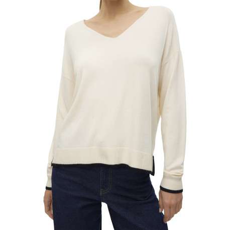 Pull écru uni à coupe droite et à col v arrondi avec des détails noirs - Image 3