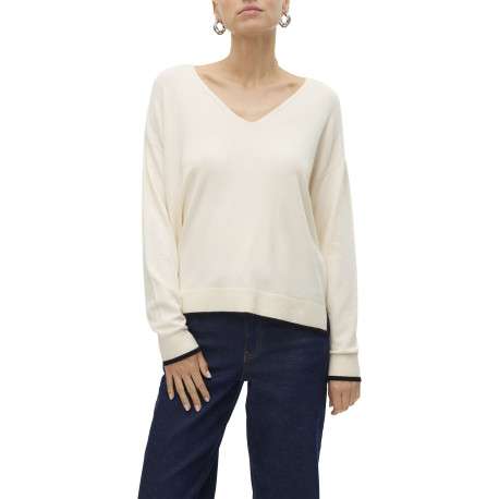 Pull écru uni à coupe droite et à col v arrondi avec des détails noirs - Image 4