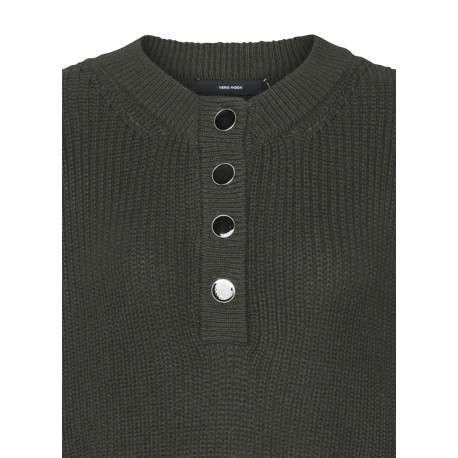 Pull kaki uni en maille tricotée à coupe droite et à col boutonné - Image 2