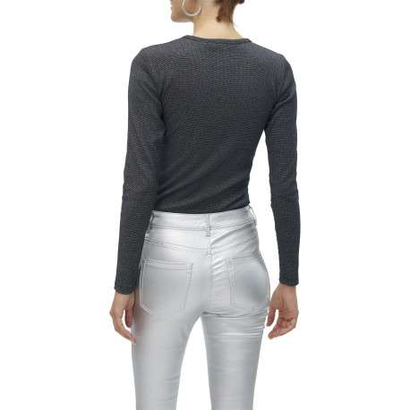 T-shirt noir en coton pailleté à coupe près du corps avec des manches longues - Image 2