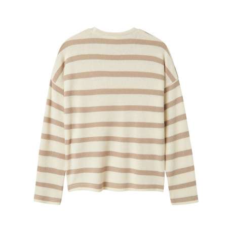 Pull à rayures bicolores avec une coupe large un col rond et un cœur rose brodé - Image 2