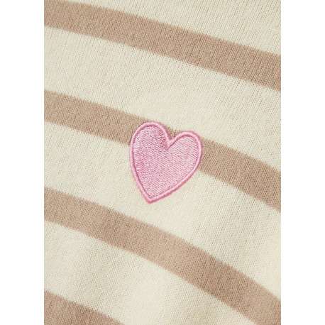 Pull à rayures bicolores avec une coupe large un col rond et un cœur rose brodé - Image 3