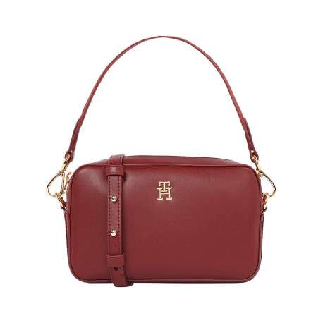 Sac bandoulière bordeaux uni avec un zip de fermeture et logo iconique