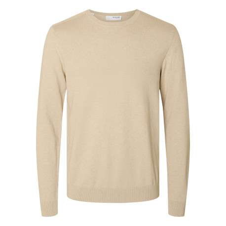 Pull fin en coton beige chiné avec une coupe droite et un col rond