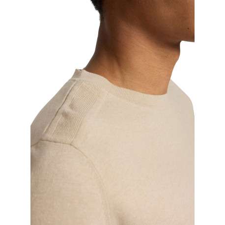 Pull fin en coton beige chiné avec une coupe droite et un col rond - Image 3