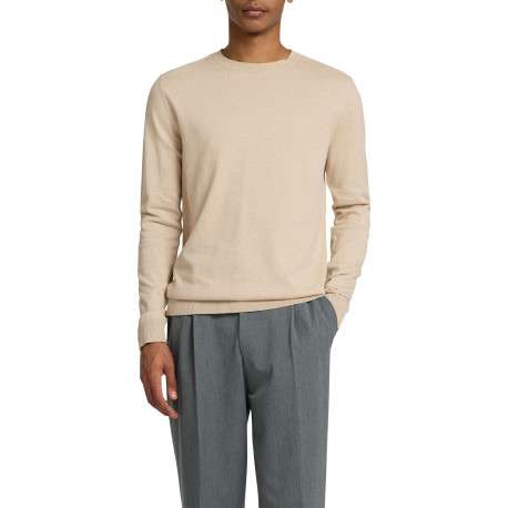 Pull fin en coton beige chiné avec une coupe droite et un col rond - Image 4