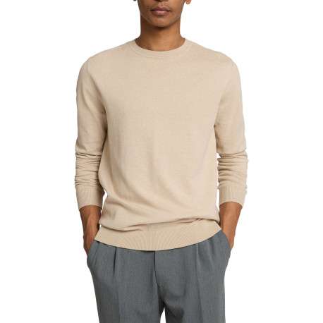 Pull fin en coton beige chiné avec une coupe droite et un col rond - Image 6