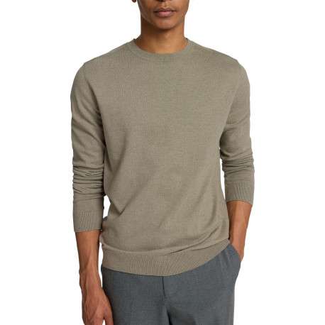 Pull fin en coton vert chiné avec une coupe droite et un col rond - Image 6