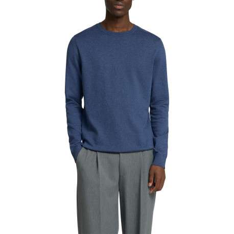 Pull fin en coton bleu indigo chiné avec une coupe droite et un col rond - Image 4