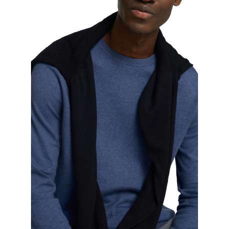 Pull fin en coton bleu indigo chiné avec une coupe droite et un col rond - Image 6