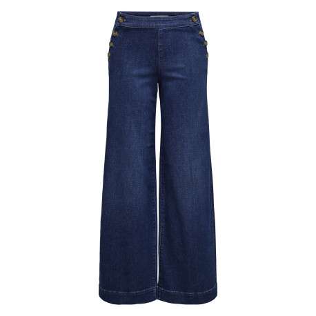 Pantalon en coton mélangé bleu indigo uni à coupe bootcut fermé par des boutons