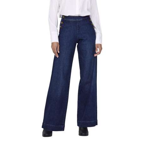 Pantalon en coton mélangé bleu indigo uni à coupe bootcut fermé par des boutons - Image 4