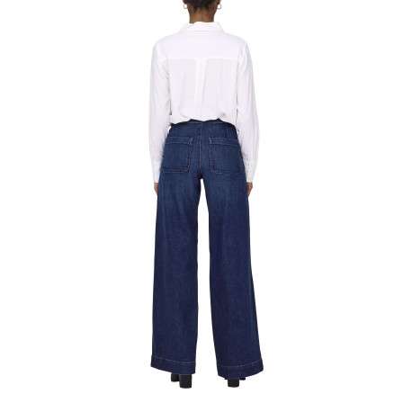 Pantalon en coton mélangé bleu indigo uni à coupe bootcut fermé par des boutons - Image 5
