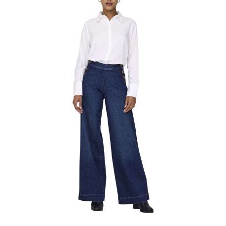 Pantalon en coton mélangé bleu indigo uni à coupe bootcut fermé par des boutons - Image 6