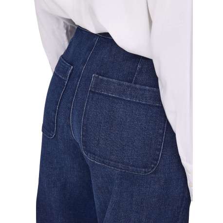 Pantalon en coton mélangé bleu indigo uni à coupe bootcut fermé par des boutons - Image 7
