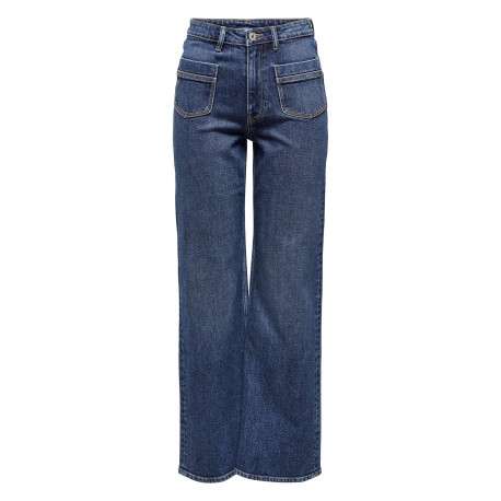 Jean en coton mélangé bleu indigo uni à coupe bootcut avec des poches plaquées