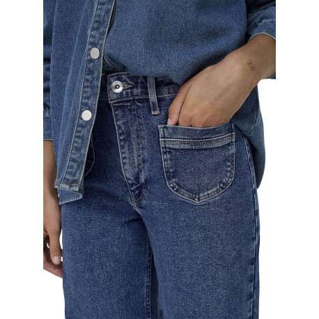 Jean en coton mélangé bleu indigo uni à coupe bootcut avec des poches plaquées - Image 3