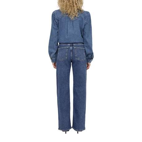 Jean en coton mélangé bleu indigo uni à coupe bootcut avec des poches plaquées - Image 5