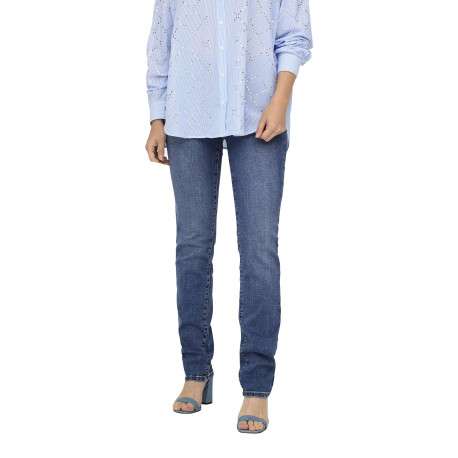 Jean en coton bleu légèrement délavé avec une coupe slim et une taille-haute - Image 4