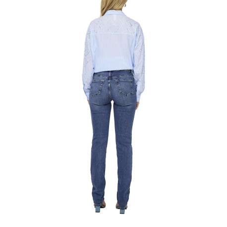 Jean en coton bleu légèrement délavé avec une coupe slim et une taille-haute - Image 5
