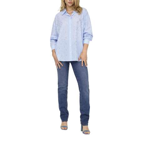 Jean en coton bleu légèrement délavé avec une coupe slim et une taille-haute - Image 6