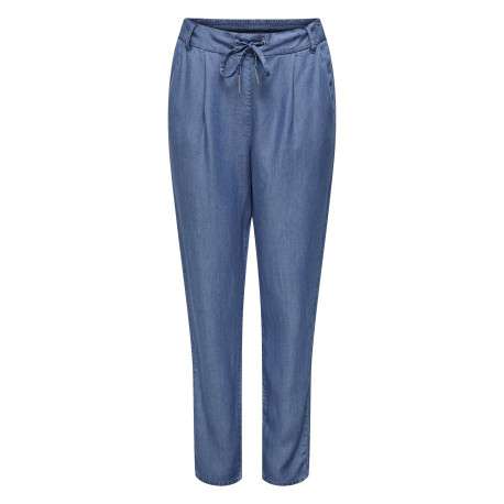 Pantalon bleu imitation denim uni avec une coupe carotte et un lacet à la taille