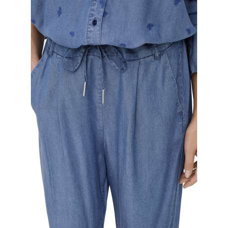 Pantalon bleu imitation denim uni avec une coupe carotte et un lacet à la taille - Image 3