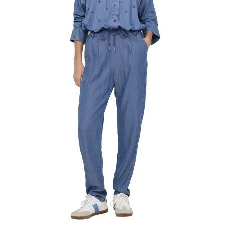Pantalon bleu imitation denim uni avec une coupe carotte et un lacet à la taille - Image 4